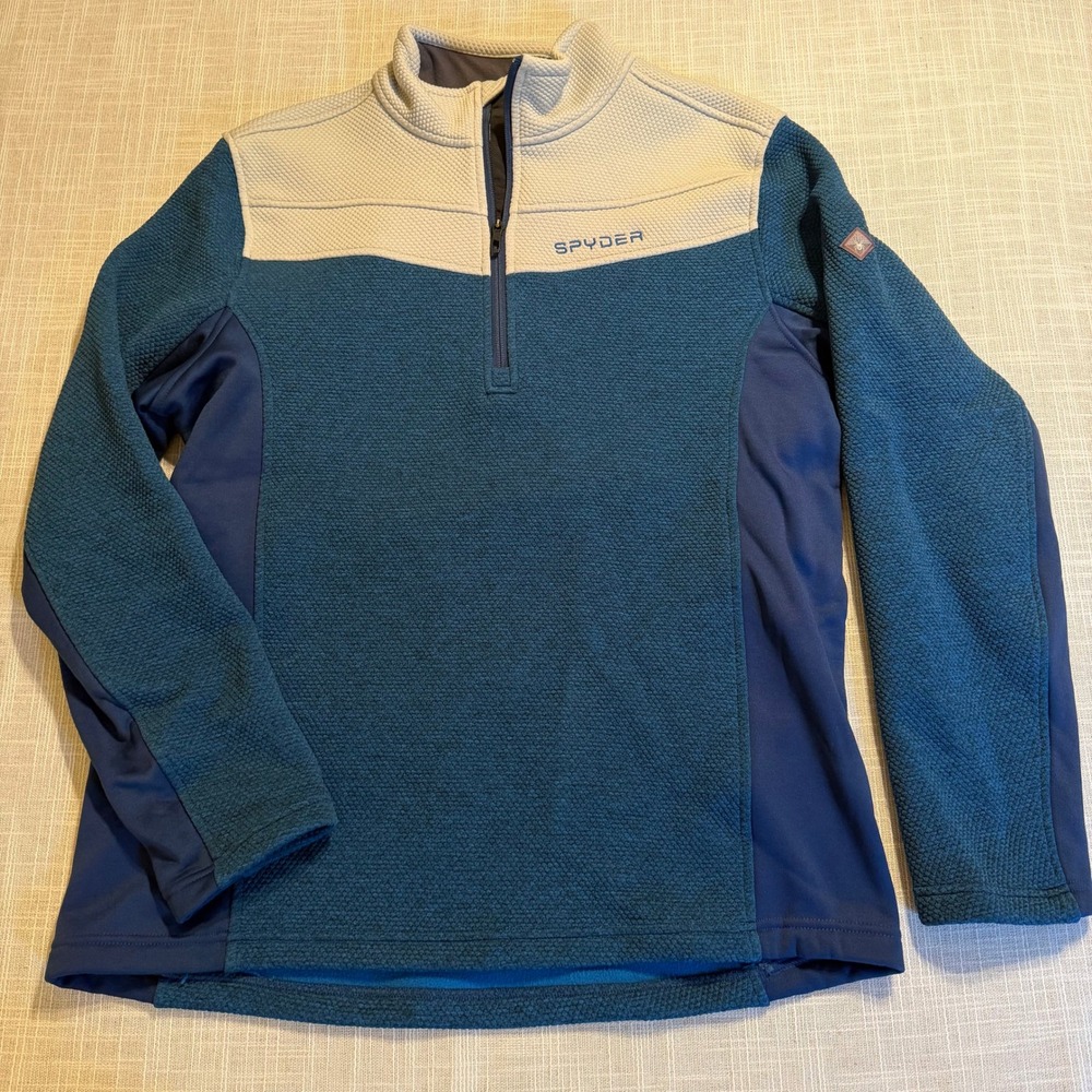 Spyder Mens US Ski Team Waffle Knit Quarter Zip Fleece Pullover Teal Navy XL